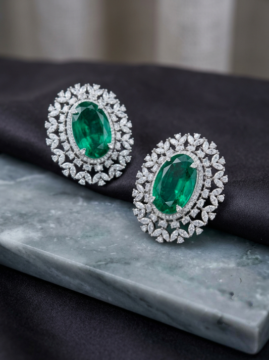 Royal Emerald Green AD Floral Statement Studs