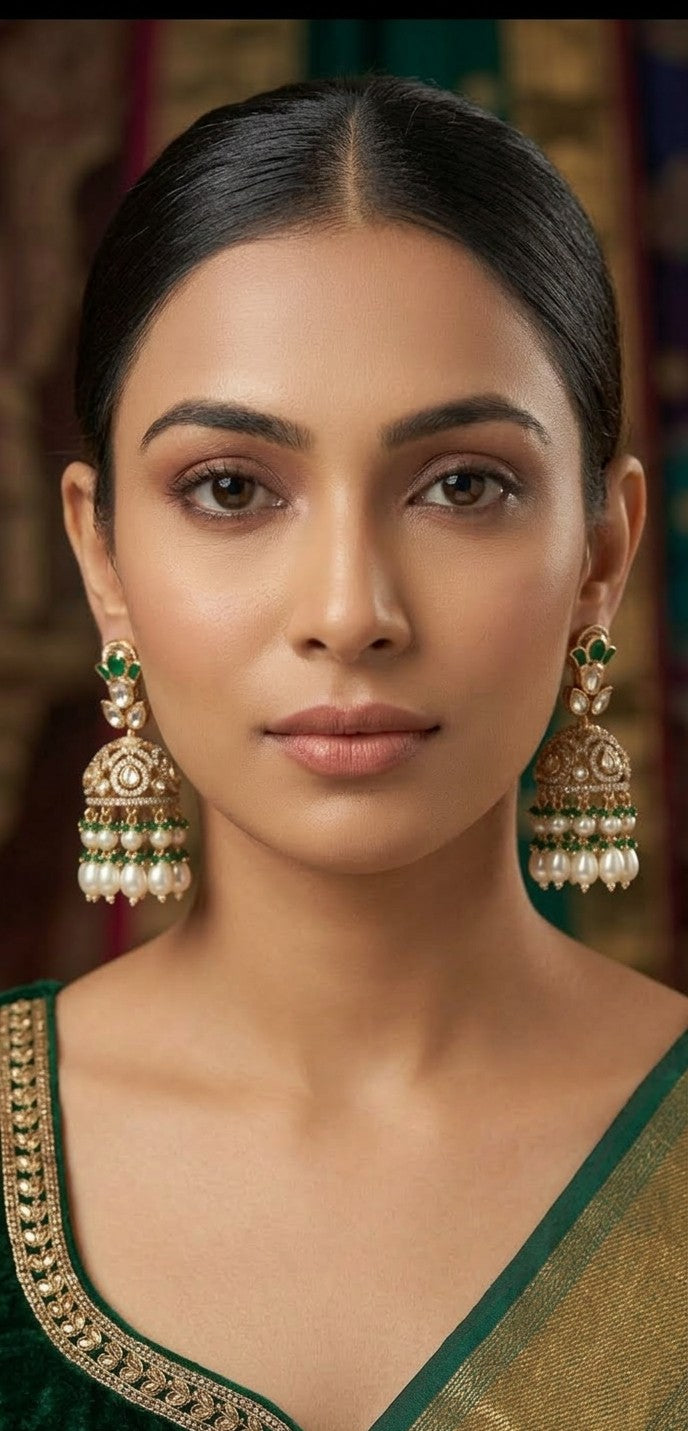 Traditional Gold-Plated Kundan Jhumka Earrings with Pearl Clusters and Emerald Beads - by Jalparee
