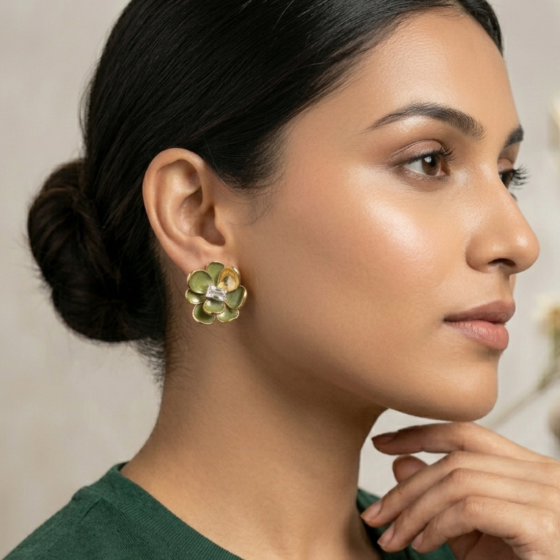Jalparee Olive Blossom Enamel Stud Earrings with Baguette Crystal Accent