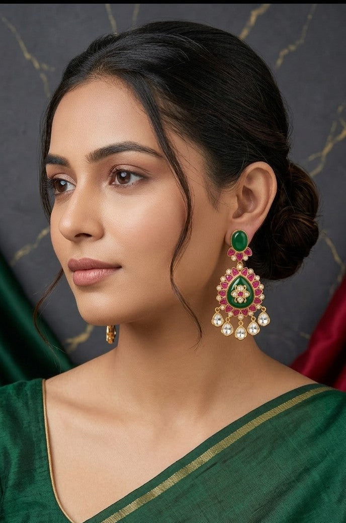 Jalparee Regal Emerald and Ruby Kundan Gold Meenakari-Style Dangle Earrings