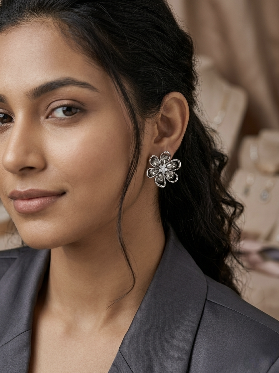 Jalparee Twilight Blossom Silver-Plated Floral Stud Earrings with Smoky Crystals