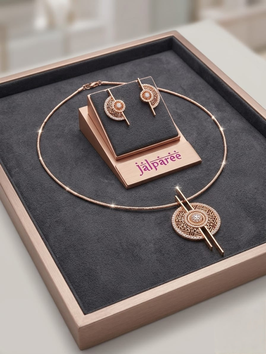 Geometric Rose Gold Pendant & Earring Set with Intricate Filigree and Crystal Accents