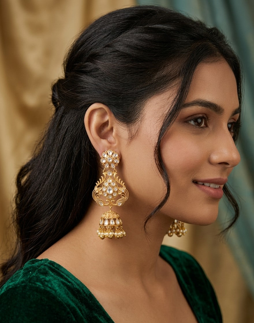 ✨ Zuri Polki Kundan Gold-Plated Jhumka Earrings by Jalparee ✨