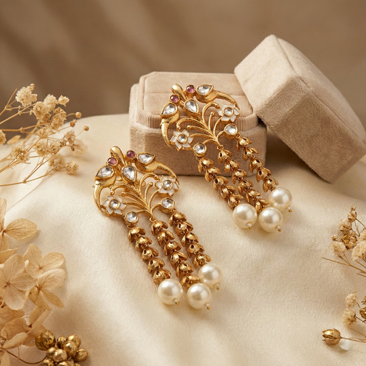 Jalparee Mayura Antique Gold Earrings with Hand-Painted Enamel and Pearl Ends