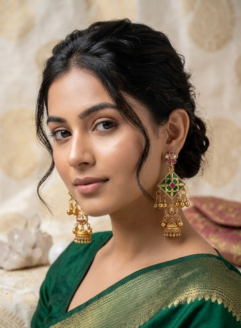 The 'Nila' Emerald-Green Meenakari & Kundan Jhumka Drop Earrings