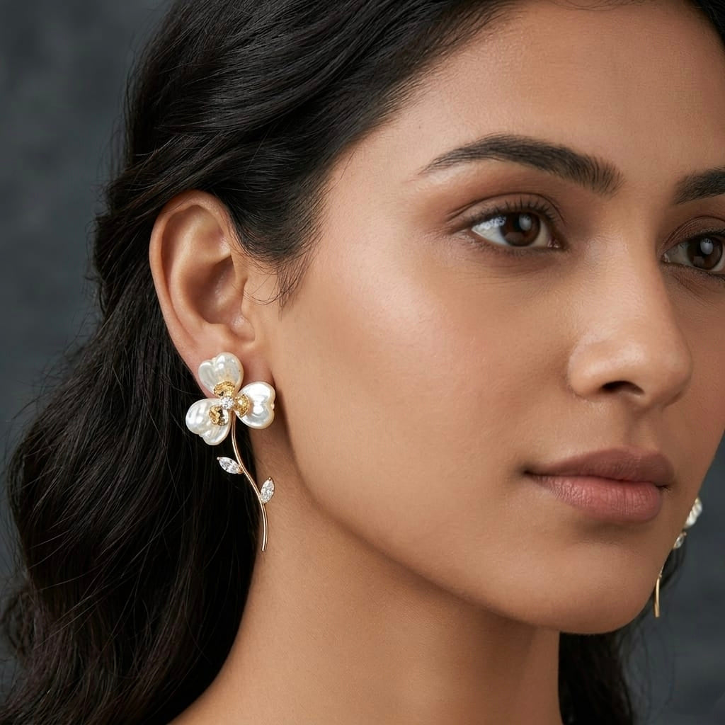 Jalparee Mother of Pearl Floral Drop Earrings with Gold Stems and Marquise Accents
