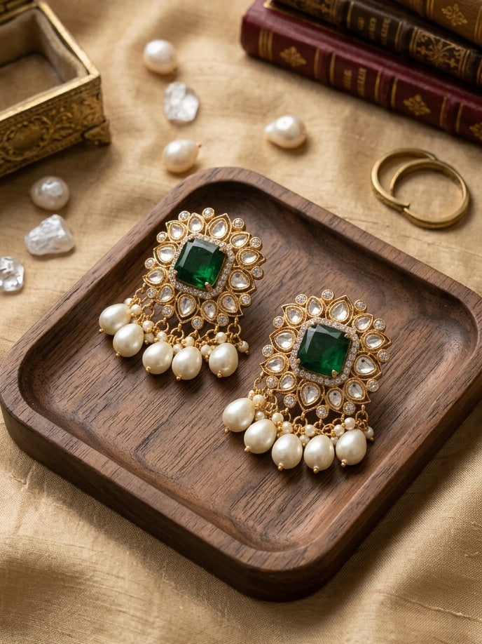 Jalparee Heritage Collection: Regal Emerald-Green Polki Cushion & Pearl Cluster Chandelier Earrings