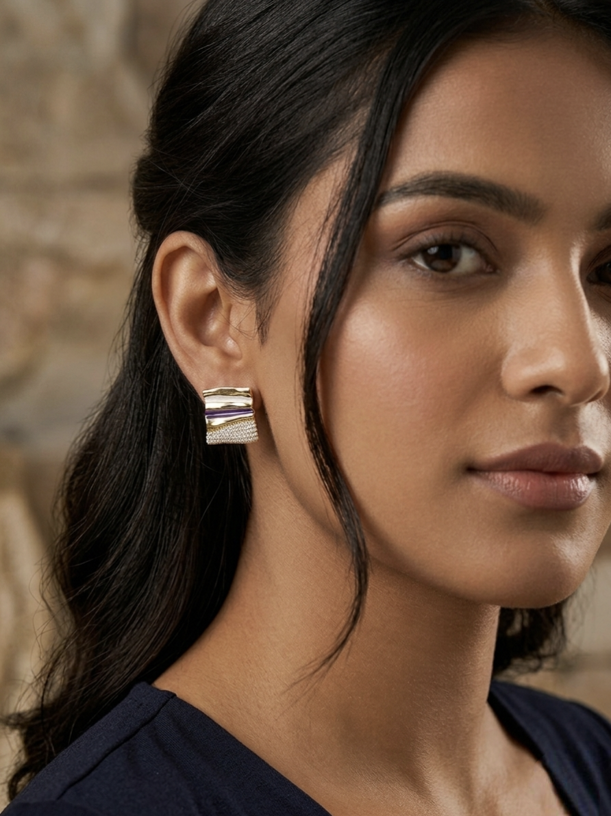 Jalparee Contemporary Geometric Gold-Plated Stud Earrings with Purple & White Enamel and American Diamond Accents