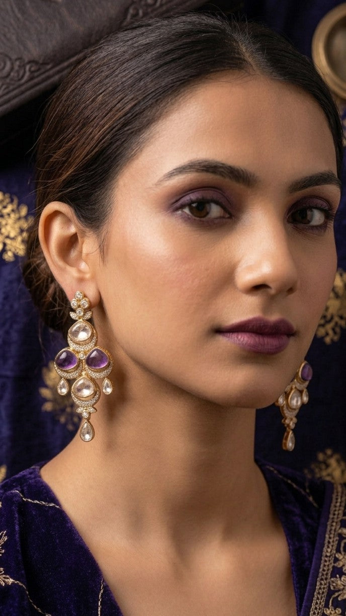 Jalparee "Royal Gem" Amethyst & Kundan Traditional Chandelier Statement Earrings