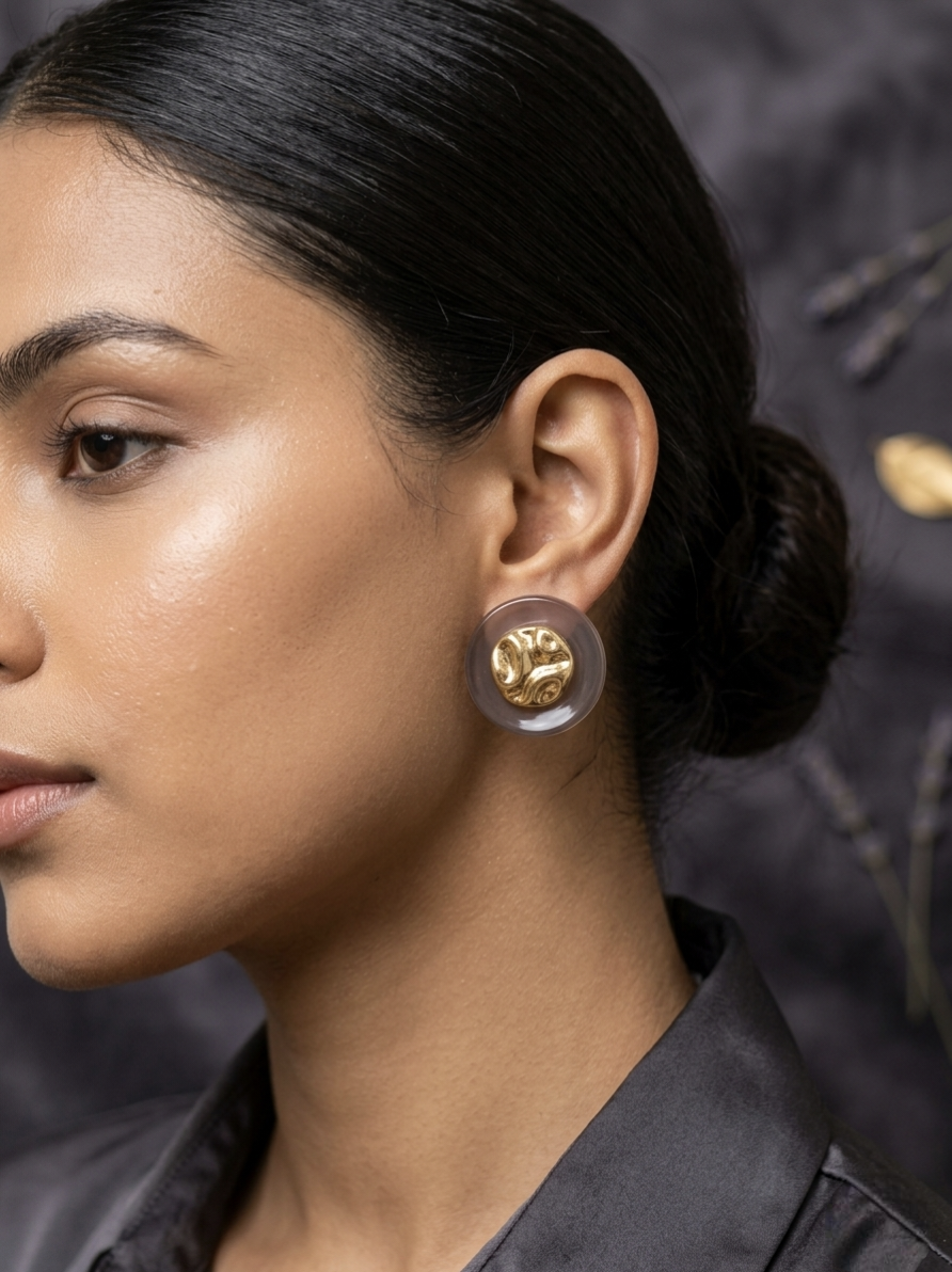 Jalparee Aura Hammered Gold and Smoky Resin Round Stud Earrings