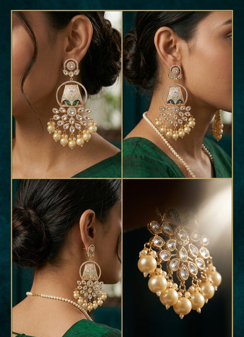 Jalparee Eternal Blossom Meenakari Kundan & Pearl Traditional Chandelier Earrings