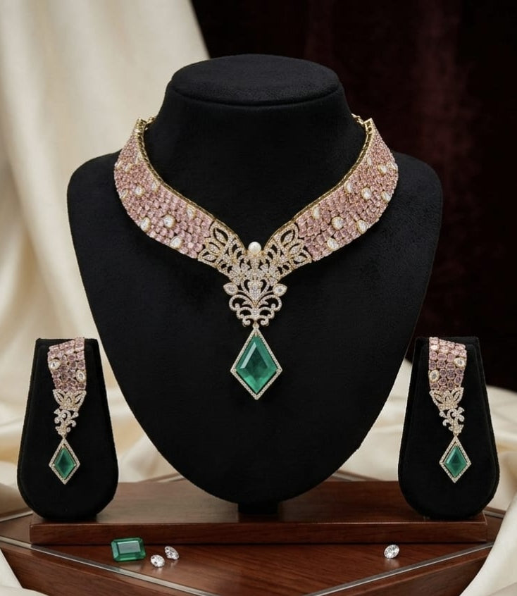 Imperial Emerald-Green & Blush Pink Rose Gold Plated Necklace Set with Drop Earrings
