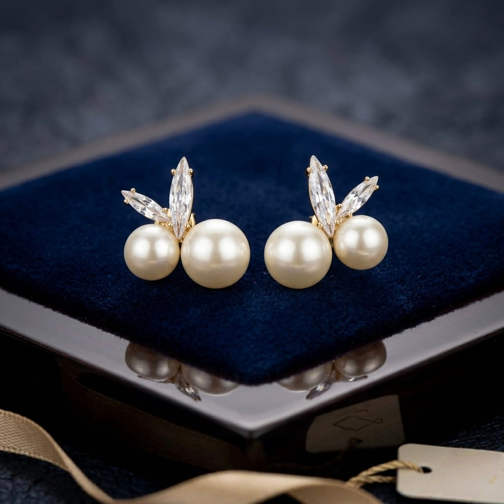Jalparee Dual Pearl and Marquise Crystal Stud Earrings – Elegant Western Wear Earrings for Women