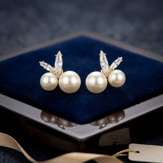 Jalparee Dual Pearl and Marquise Crystal Stud Earrings – Elegant Western Wear Earrings for Women