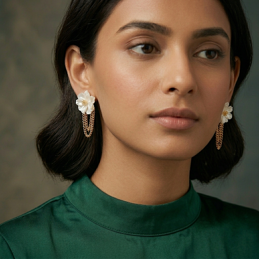 Jalparee White Floral & Golden Chain Drop Western Earrings