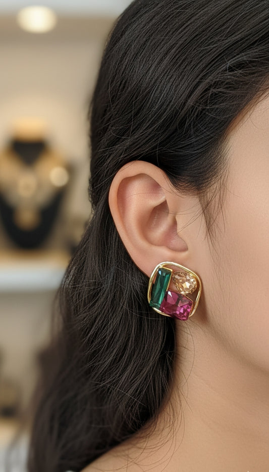Jalparee Geometric Statement Stud Earrings featuring multi-colored faceted stones