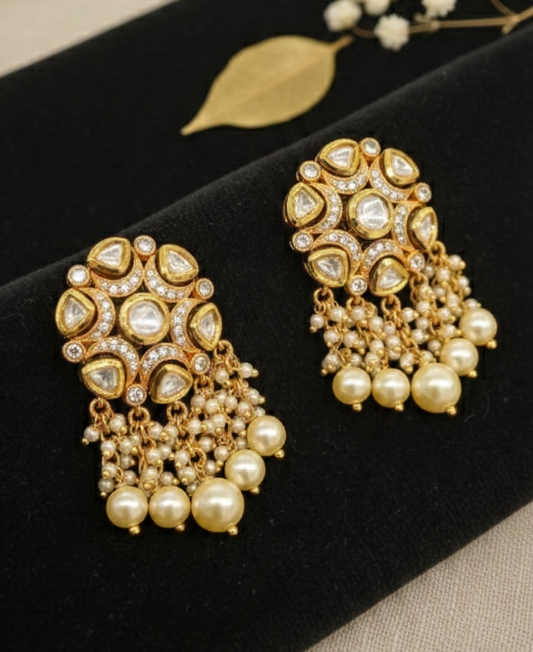 Elegant Jalparee Gold-Plated Kundan & Pearl Jhumka Earrings