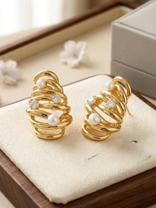 Jalparee Aura Contemporary Golden Nest Earrings with Delicate Pearls & Accents