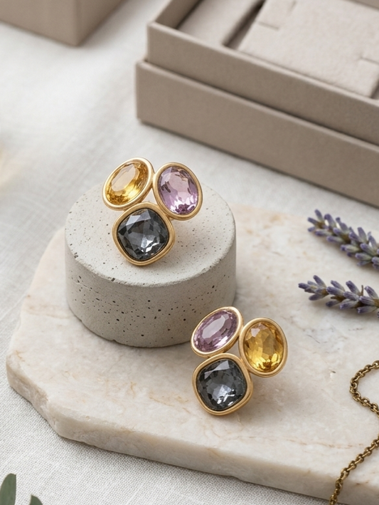 Jalparee Pastel Trinitie Western Stud Earrings – Smoky Gray, Amethyst Pink, and Citrine Yellow
