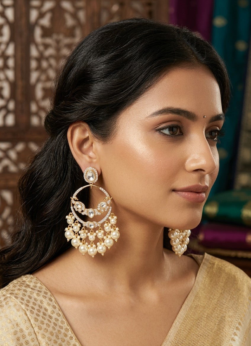 Jalparee Majestic Kundan and Pearl Chandbali Earrings - A Timeless South Asian Classic