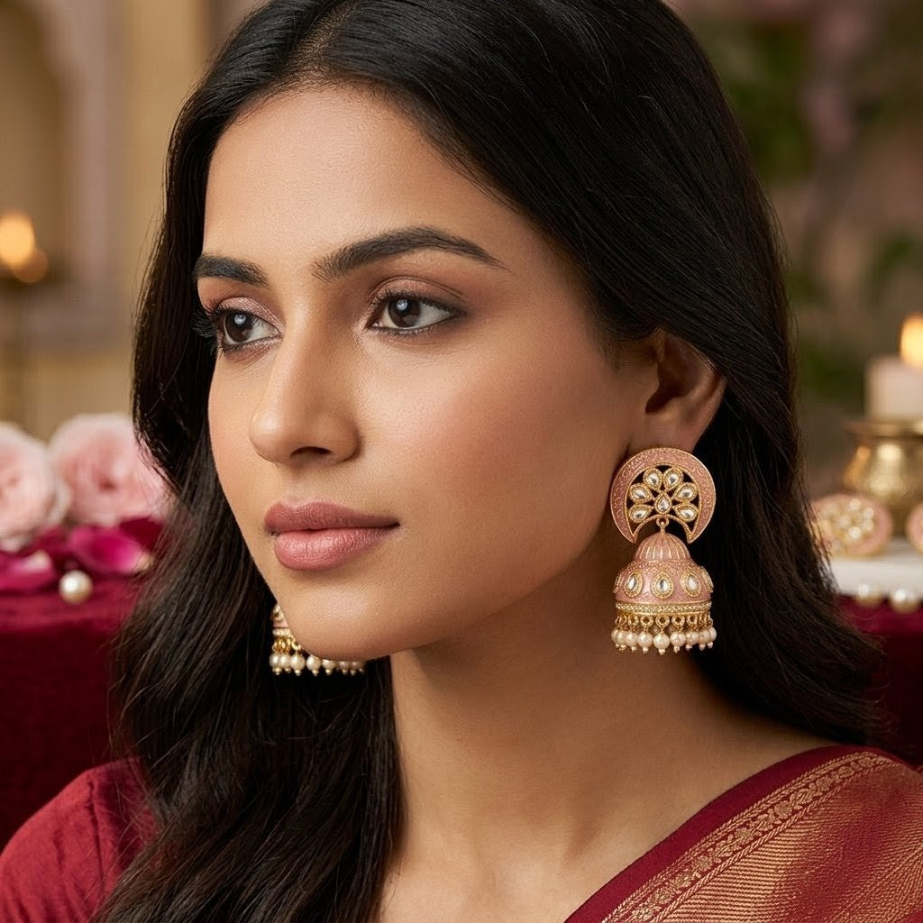 Jalparee 'Gulabi Mehfil' Pink Meenakari and Kundan Chand-Jhumka Earrings