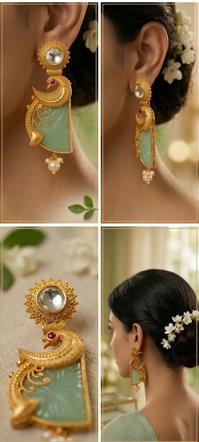 Jalparee Majestic Peacock Heritage Kundan & Carved Jadeite Drop Earrings