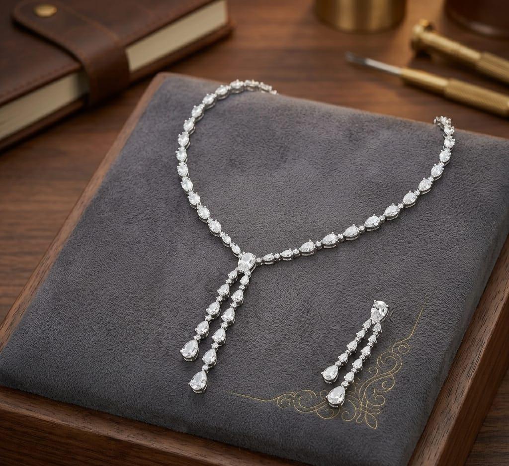 Elegant Pear-Cut Cubic Zirconia Drop Necklace and Earring Set in Silver Finish
