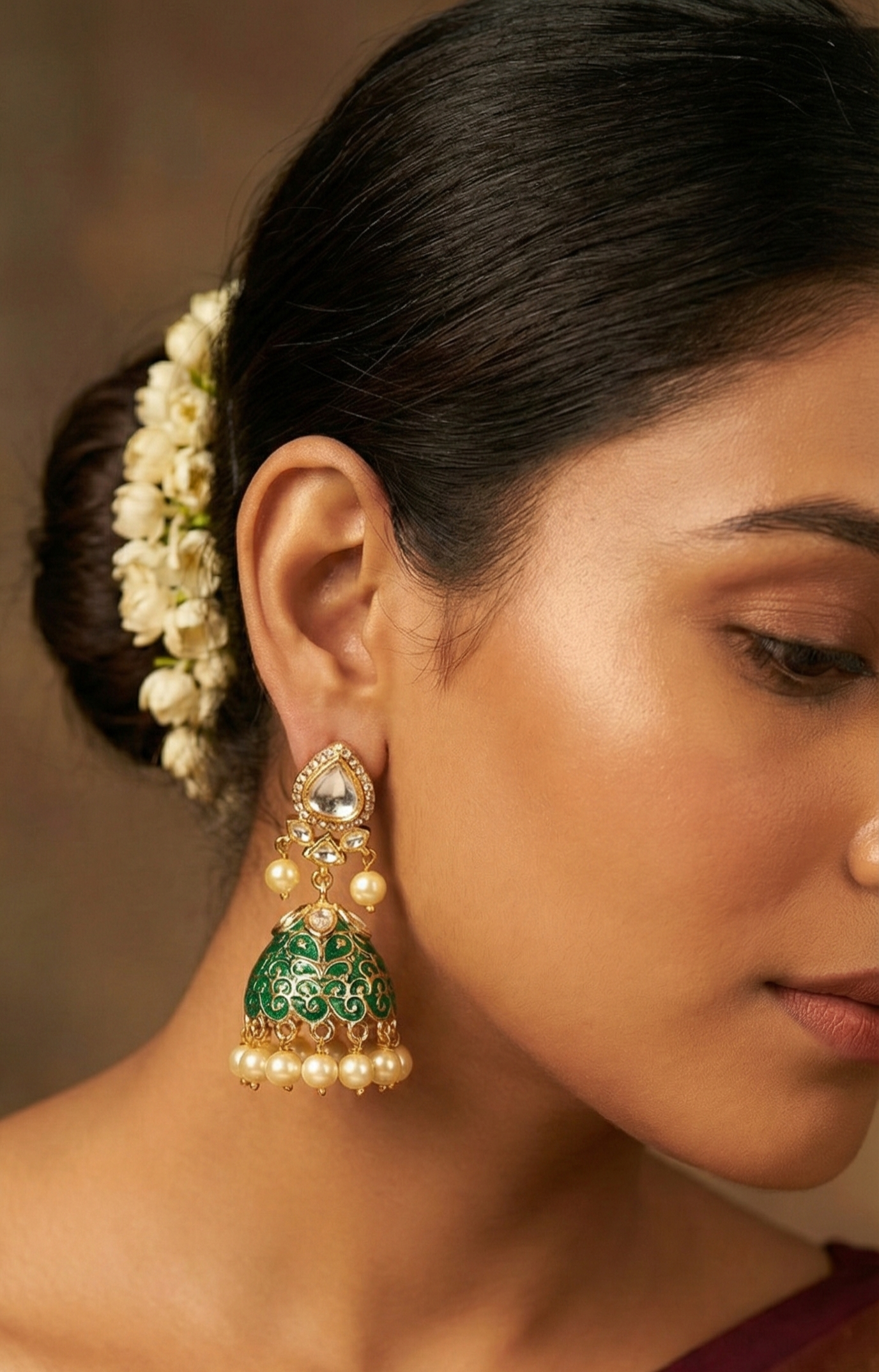 Jalparee Elegant Emerald Green Meenakari Jhumka Earrings