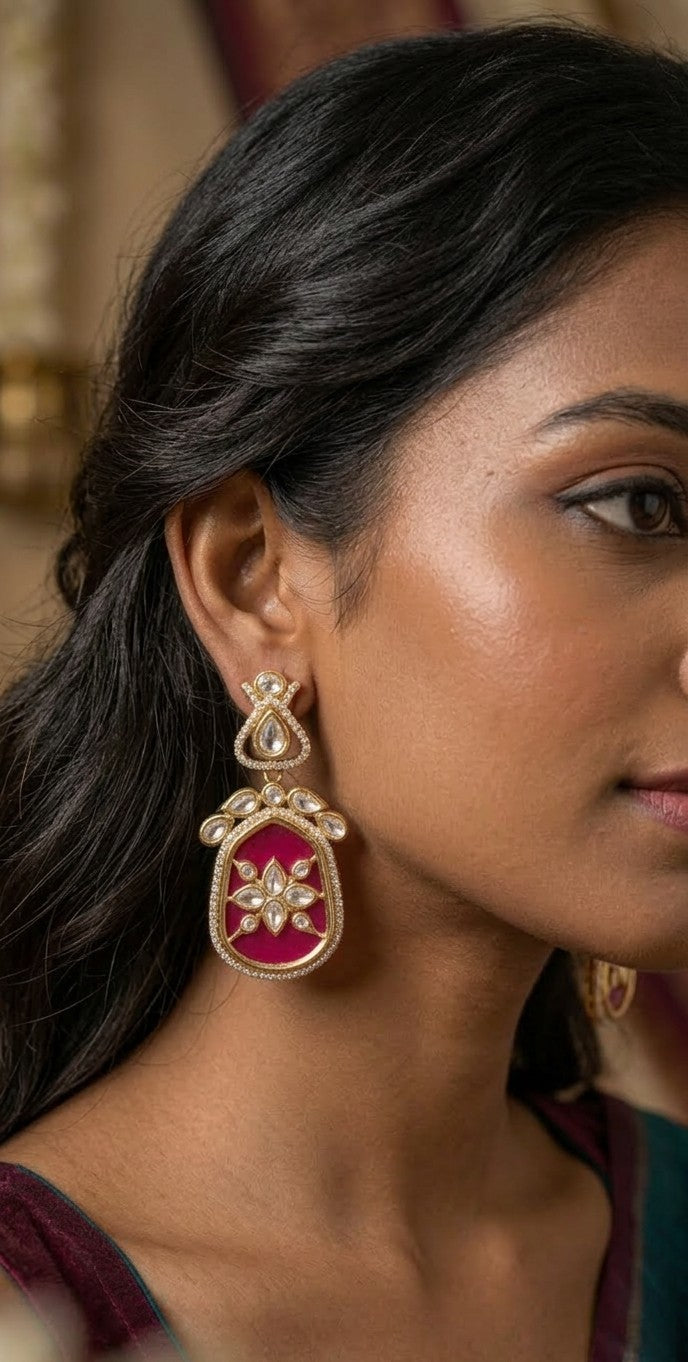 Jalparee Heritage Collection: Royal Fuchsia Enamel & Kundan Statement Dangling Earrings