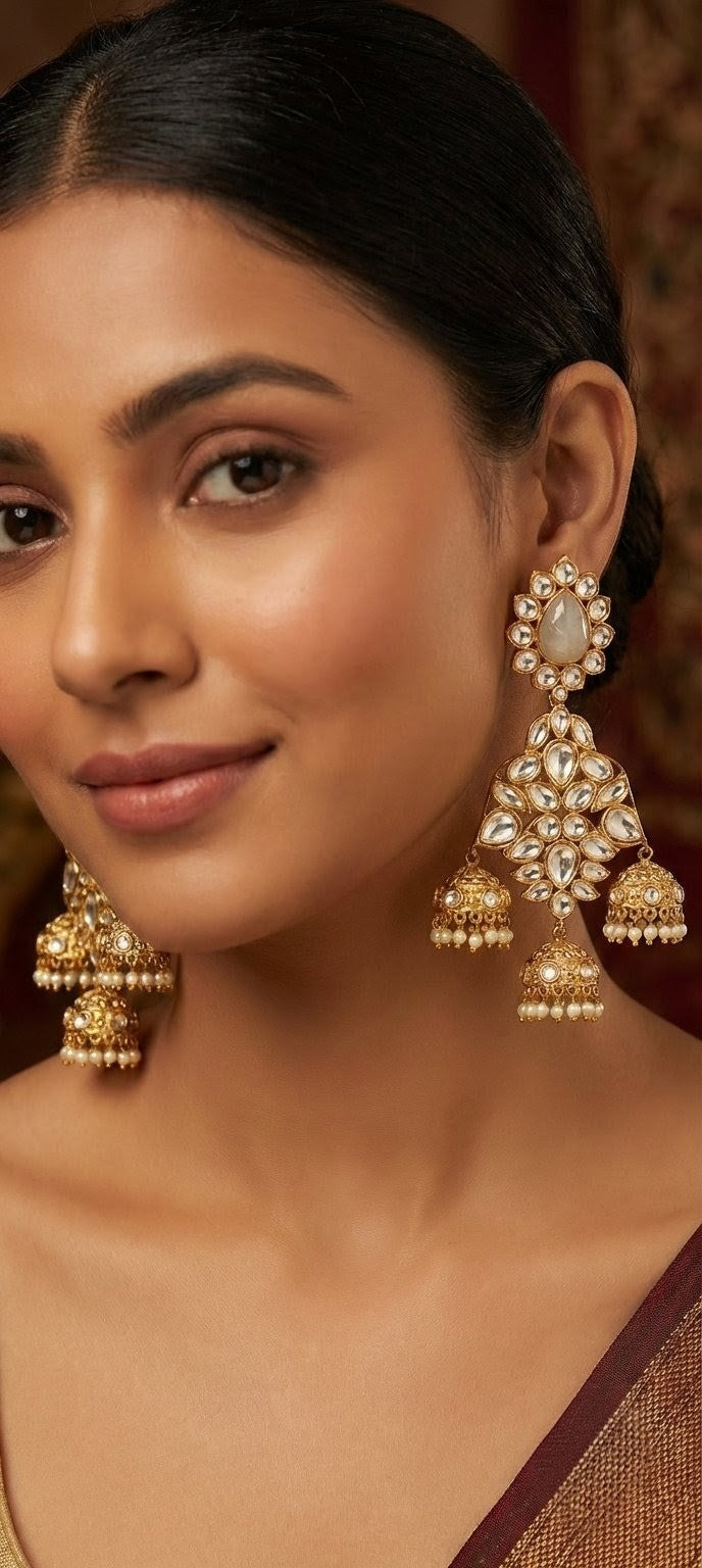 Jalparee Royal Trio: Traditional Gold Kundan & Pearl Jhumka Earrings