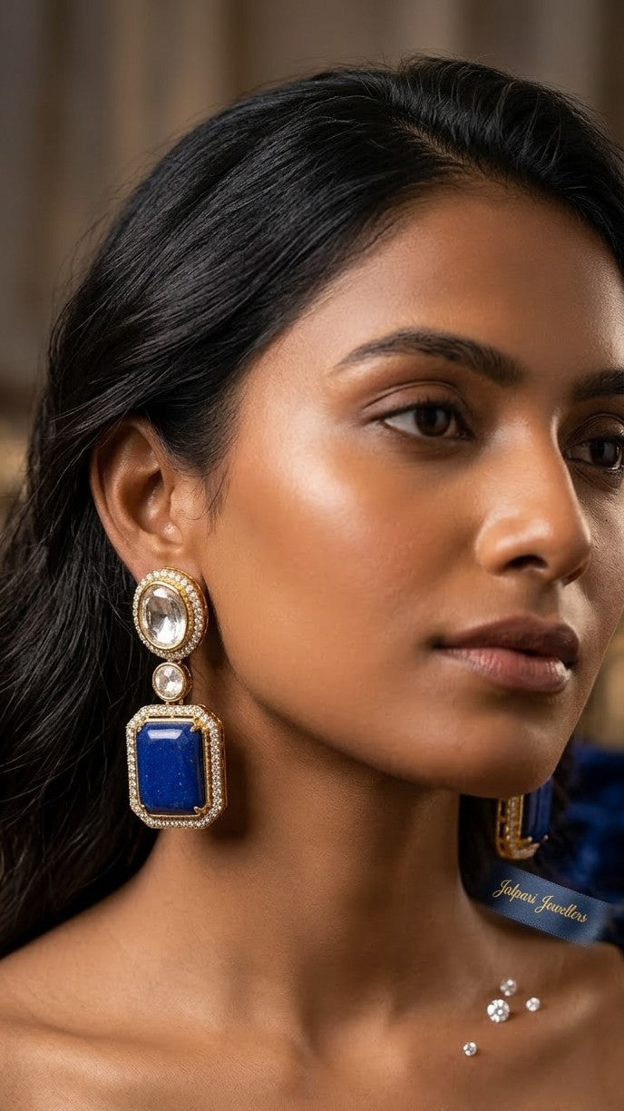 Royal Azure Lapis Lazuli & Polki Drop Earrings in 18K Gold Finish