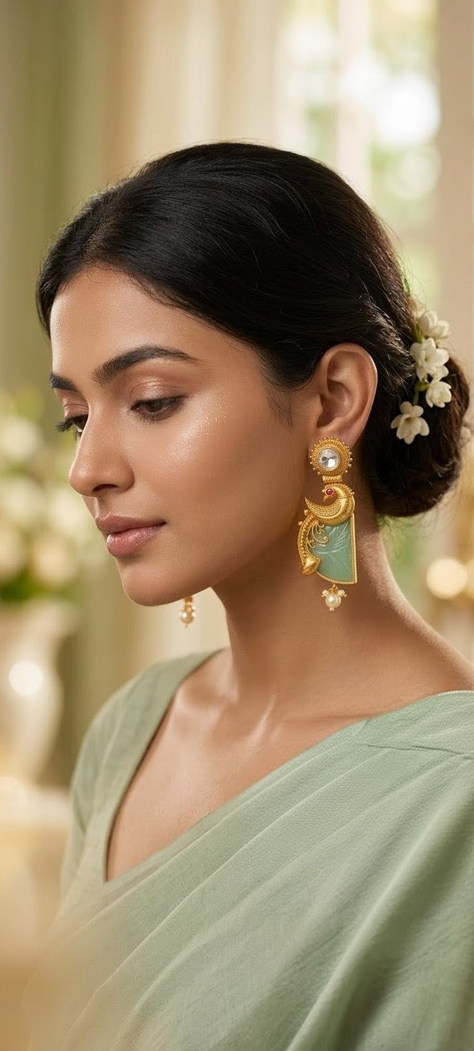 Jalparee Majestic Peacock Heritage Kundan & Carved Jadeite Drop Earrings