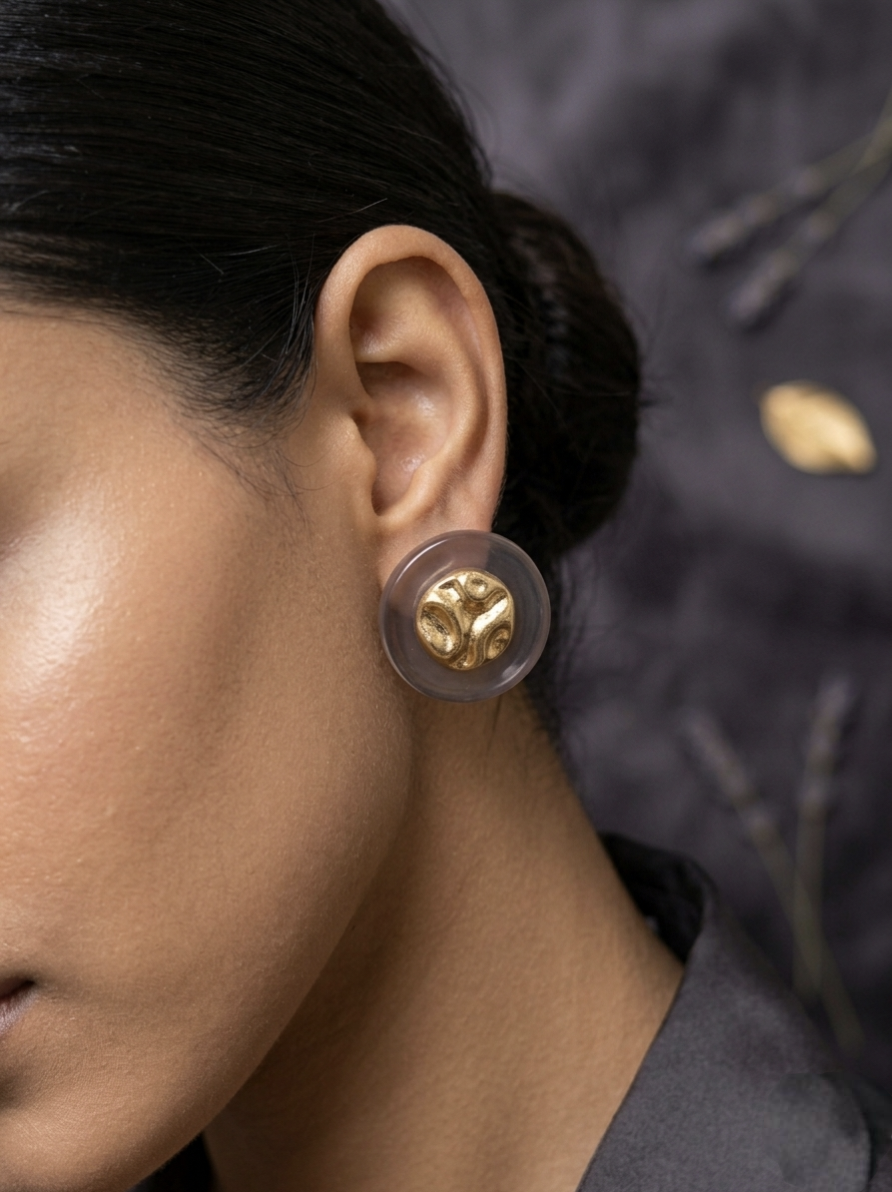 Jalparee Aura Hammered Gold and Smoky Resin Round Stud Earrings