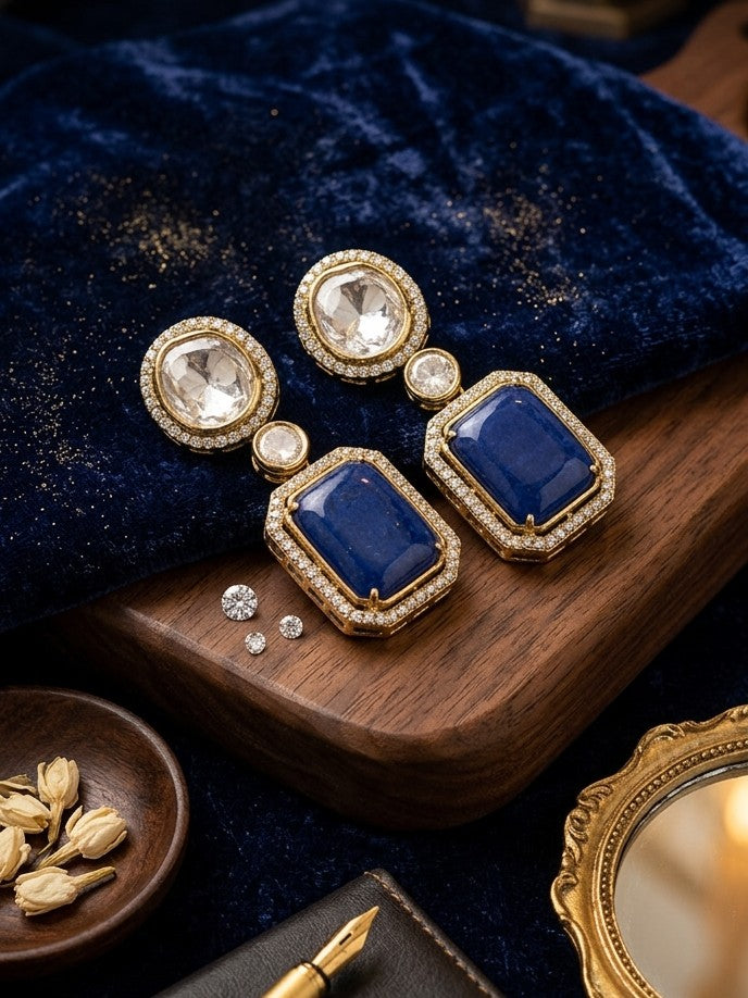 Royal Azure Lapis Lazuli & Polki Drop Earrings in 18K Gold Finish
