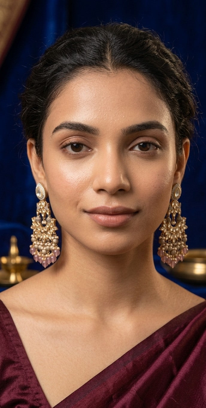 Jalparee Exquisite Kundan, Seed Pearl, and Mauve-Pink Bead Chandbali Jhumka Earrings