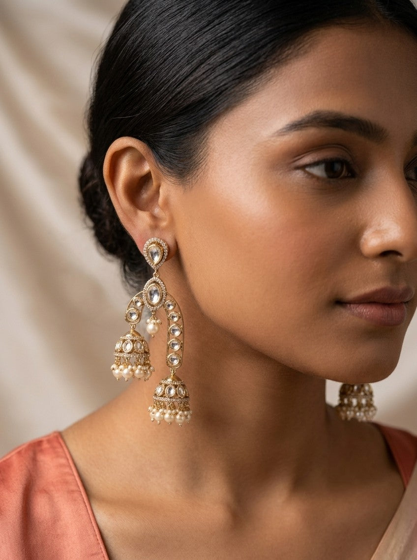 Jalparee Kundan and Pearl Double Tier Jhumka Earrings with Gold Plating