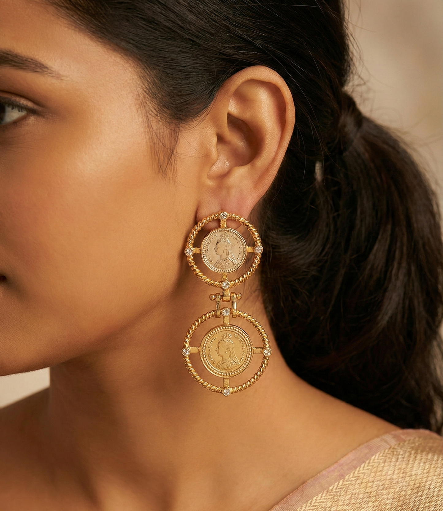 Jalparee Regal Heritage Gold Coin Drop Earrings
