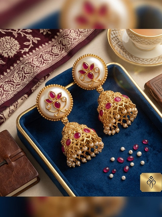 Jalparee Meera Gold-Plated Kundan & Ruby Jhumka Earrings with Pearls