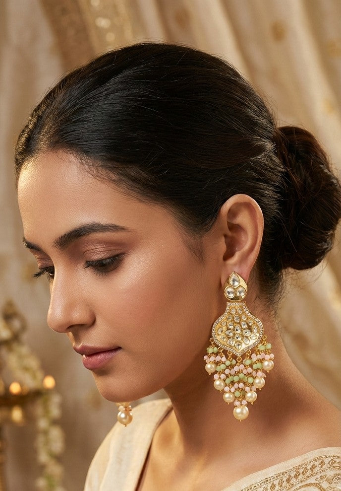 Jalparee Gold Plated Jhumka Earrings with Polki, Pearls, and Pink & Green Beads