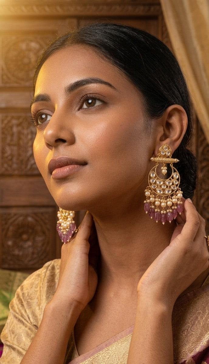 Jalparee Heritage Gilded Kundan & Leaf-Carved Mauve Tourmaline Chandbali Dangle Earrings