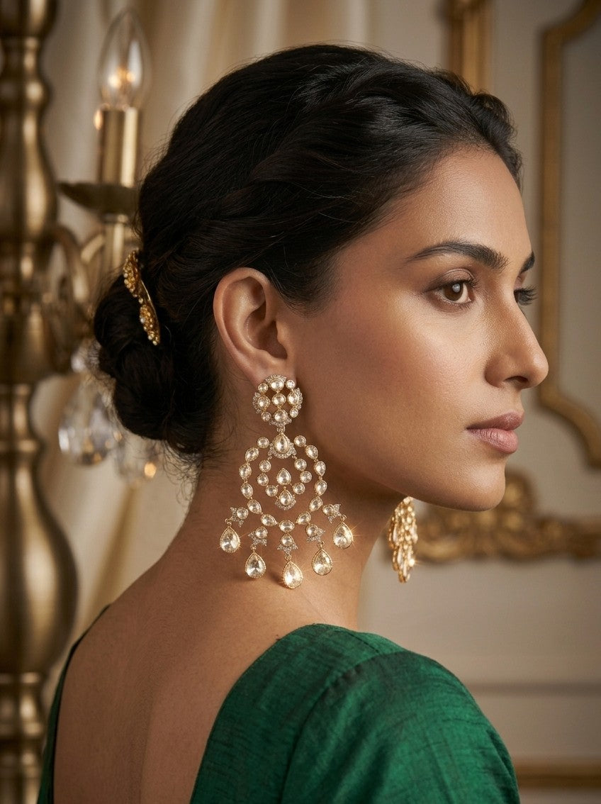 Jalparee 'Noor Mahal' Gold-Plated Emerald Cut Kundan Drop Earrings