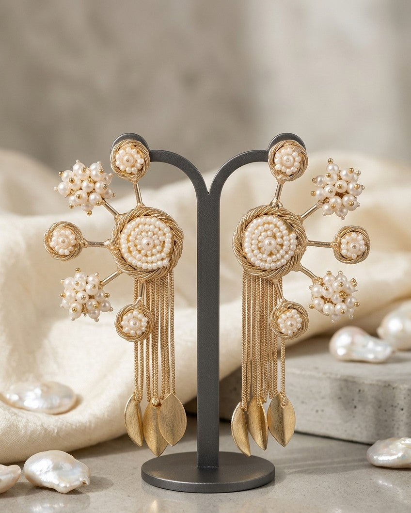 Jalparee Regal Gold-Plated Filigree & Pearl Medallion Statement Earrings with Cascading Tassels
