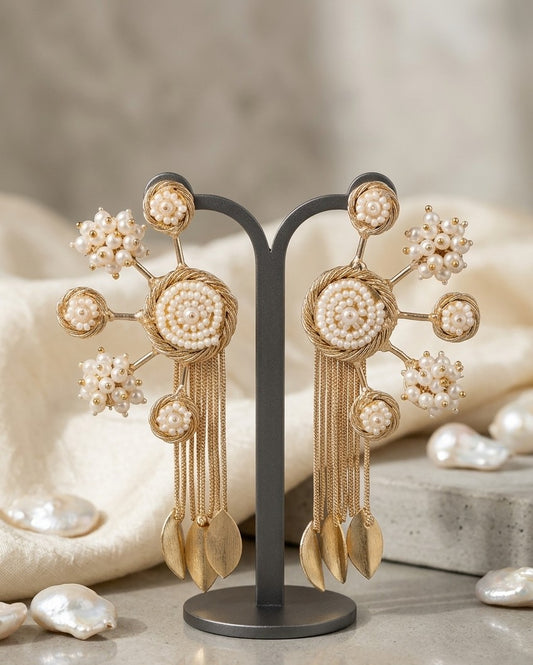 Jalparee Regal Gold-Plated Filigree & Pearl Medallion Statement Earrings with Cascading Tassels