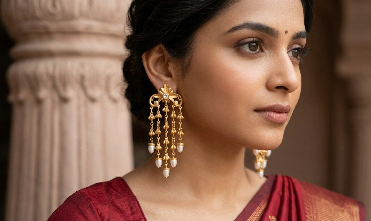 Jalparee Royal Kundan and Pearl Waterfall Jhumka Earrings