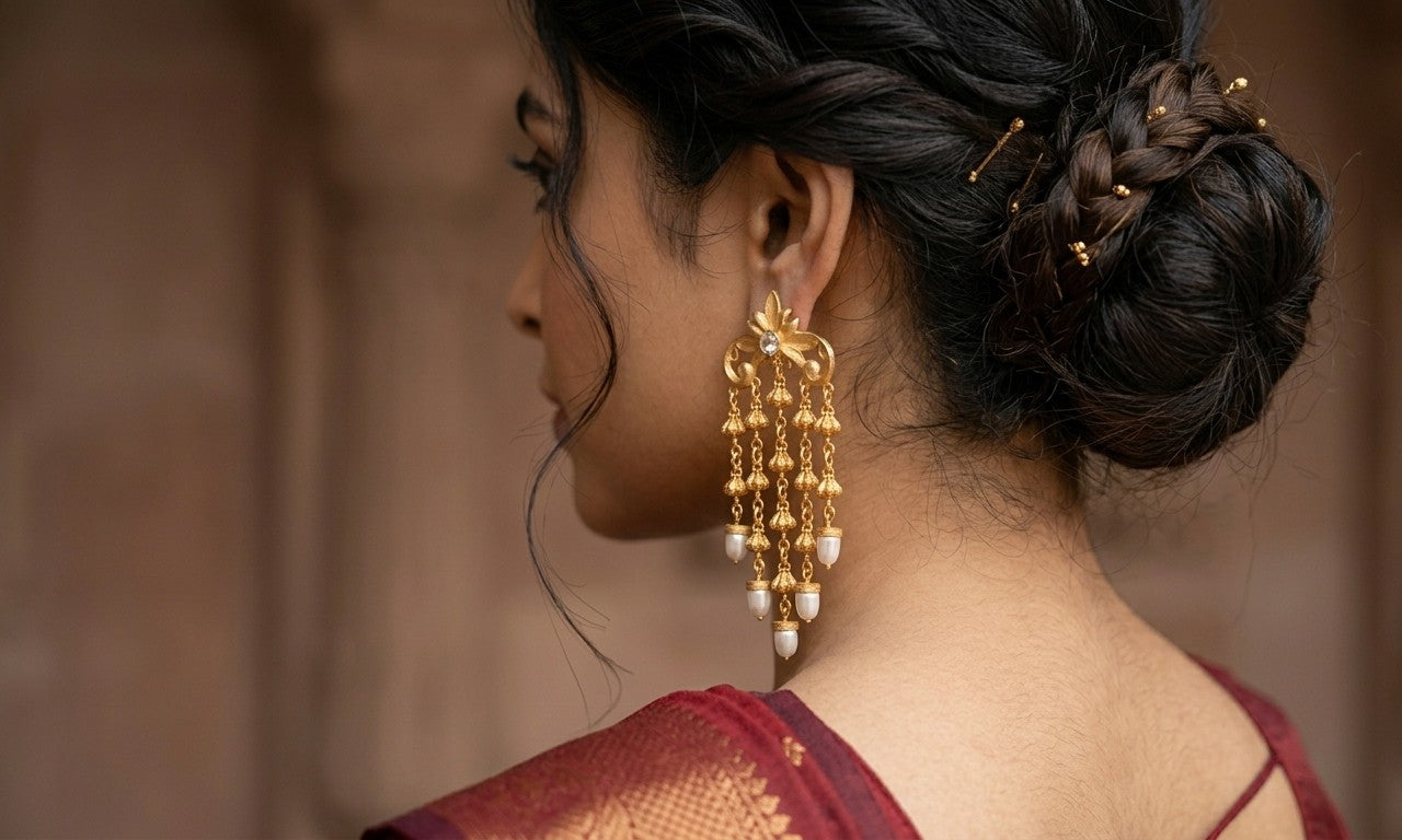 Jalparee Royal Kundan and Pearl Waterfall Jhumka Earrings