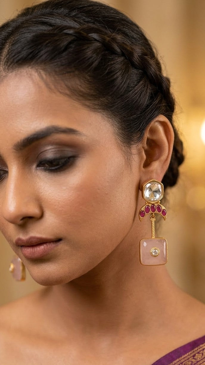 Regal Crescent Pink Stone Dangle Earrings by Jalparee
