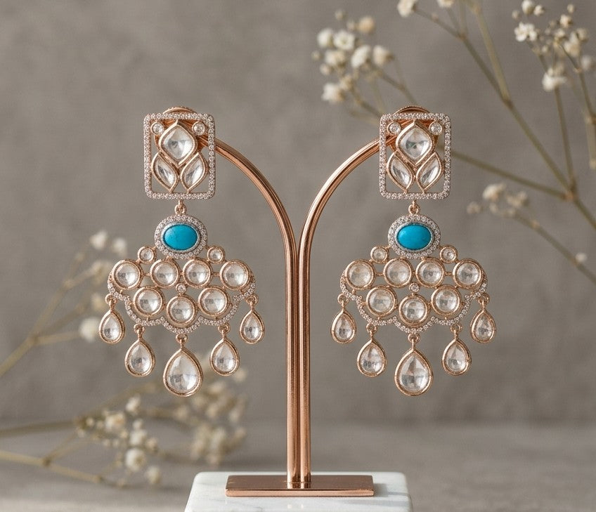 Jalparee "Turquoise and Polki Elegance" Traditional Chandelier Earrings – Handcrafted Kundan and Turquoise Stone Design in Gold Finish