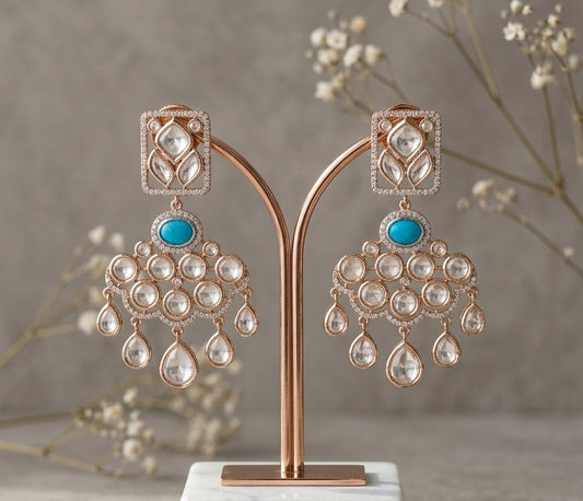 Jalparee "Turquoise and Polki Elegance" Traditional Chandelier Earrings – Handcrafted Kundan and Turquoise Stone Design in Gold Finish