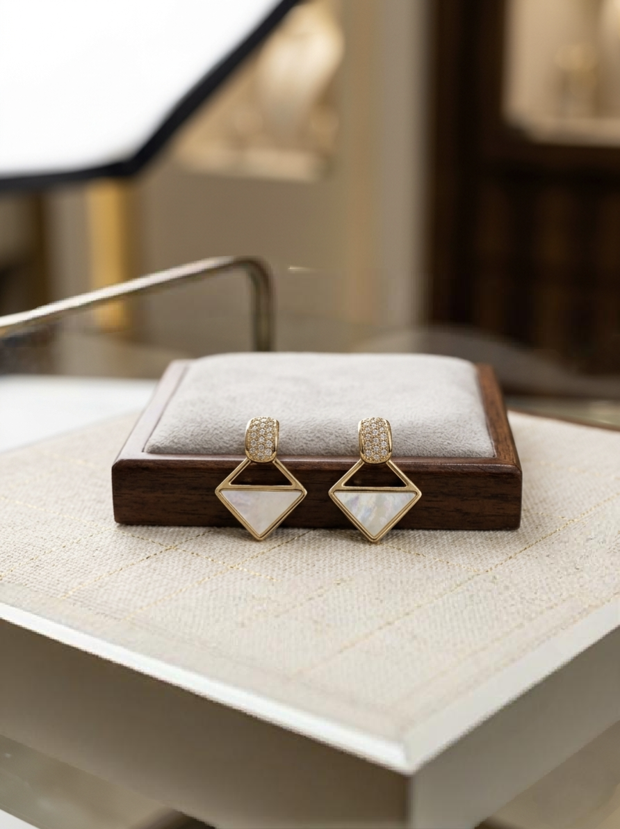 Jalparee Elegant Geometric Mother-of-Pearl & CZ Drop Earrings