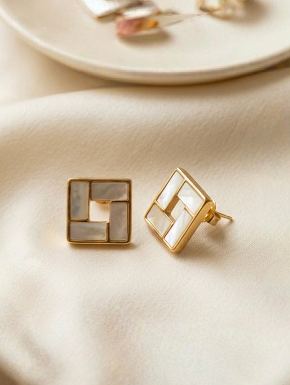 Jalparee Elegant Geometric Mother of Pearl Square Stud Earrings